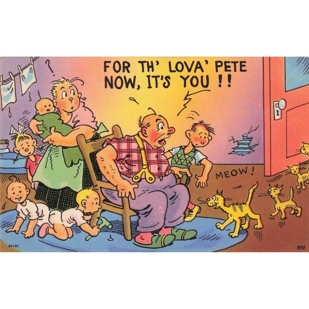 Vintage Tichnor Bros Linen Postcard Humorous Family Cartoon Cats 84146 892 - Picture 1 of 2